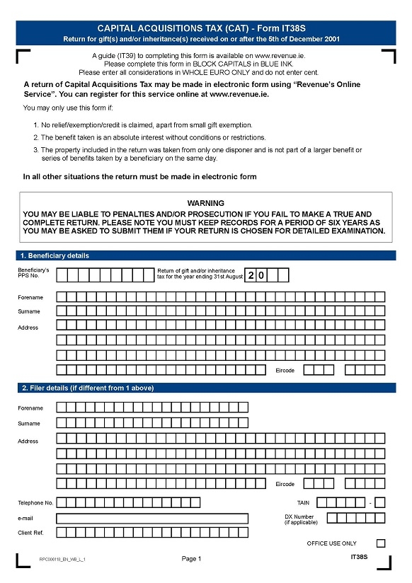 Capital Acquisitions Tax (CAT) – Form IT38