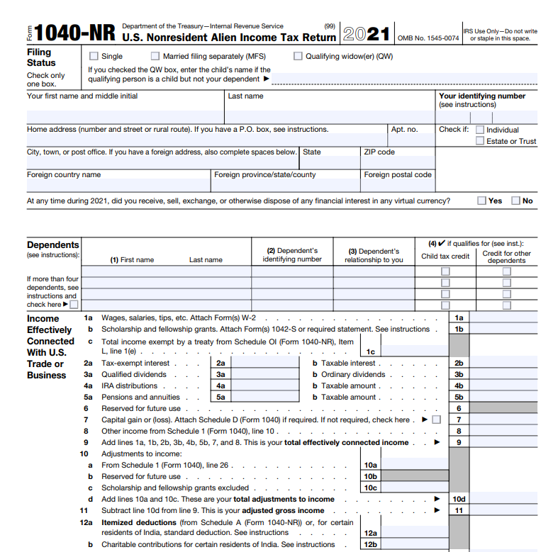 Non-resident aliens file 1040-NR “US Non-Resident Alien Income Tax Return” to assess and file federal income and taxes.
