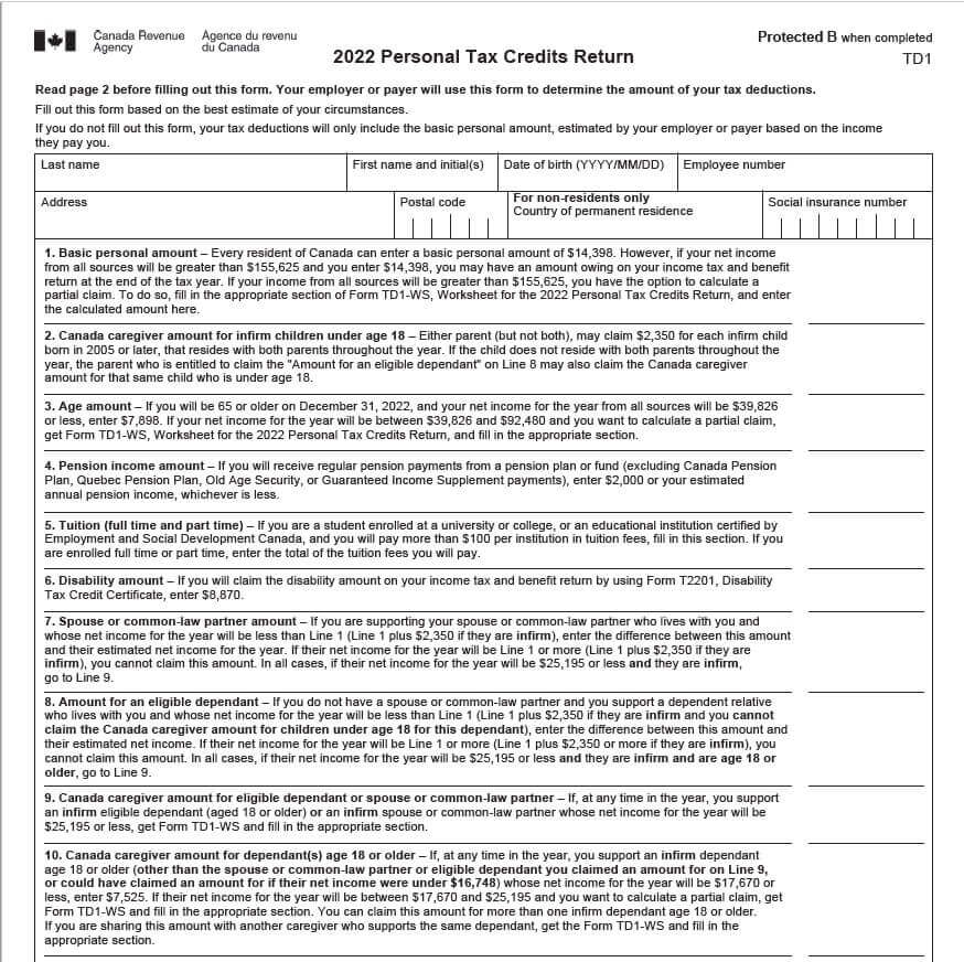 2022 TD1 Personal credits return Canada